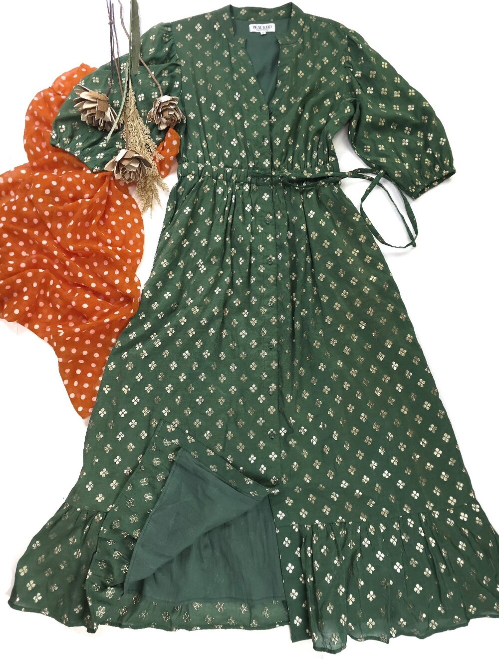 Beau and Ro  Green Gold Clover Maxi Shirt Dress with Tie Waist and Pockets Sz M